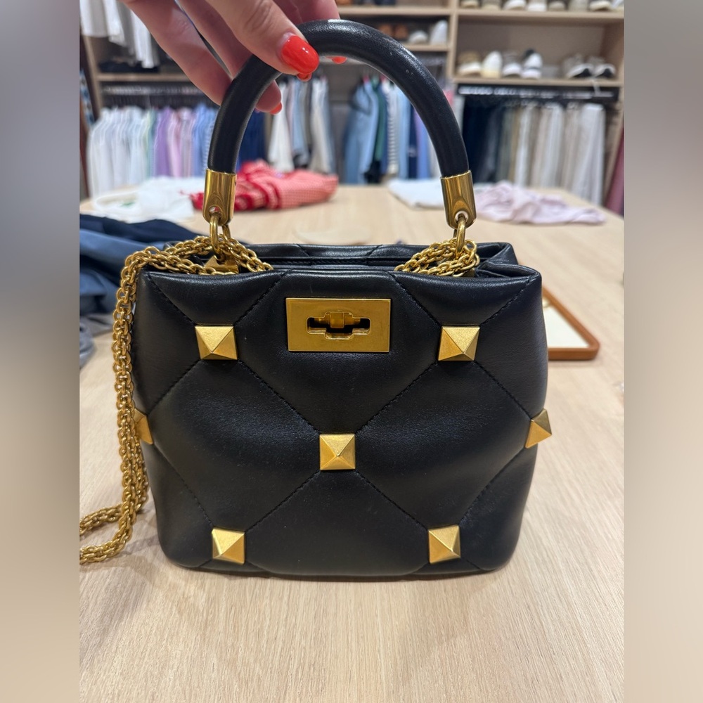 Valentino Black Quilted Mini Top-Handle Bag with Gold Studs